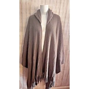 Lane Bryant Gray Hood Fringe Wrap Shawl Ruana Soft Ribbed Acrylic Grey 78" x 60"